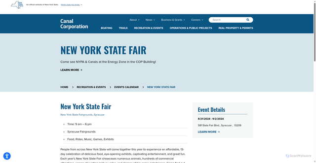 Security scan screenshot of https://www.canals.ny.gov/Recreation-and-Events/Events/2024/New-York-State-Fair