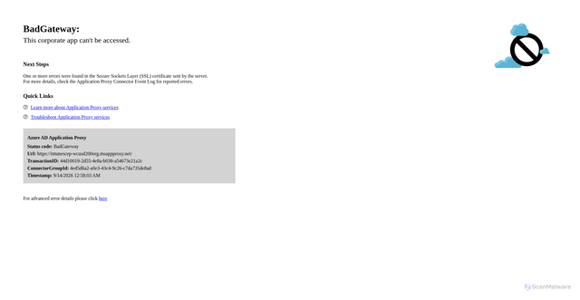 Security scan screenshot of https://intunescep-wcusd200org.msappproxy.net