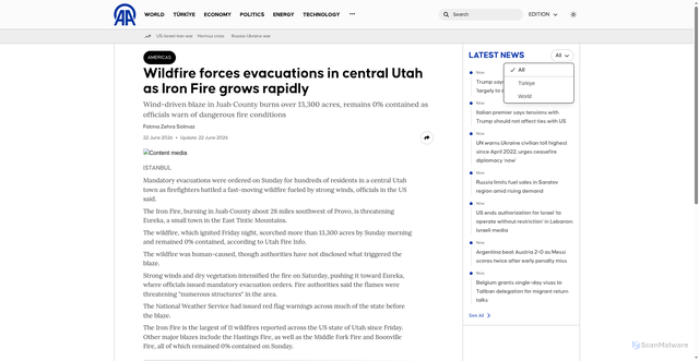 Security scan screenshot of https://aa.com.tr/en/americas/wildfire-forces-evacuations-in-central-utah-as-iron-fire-grows-rapidly/3974152