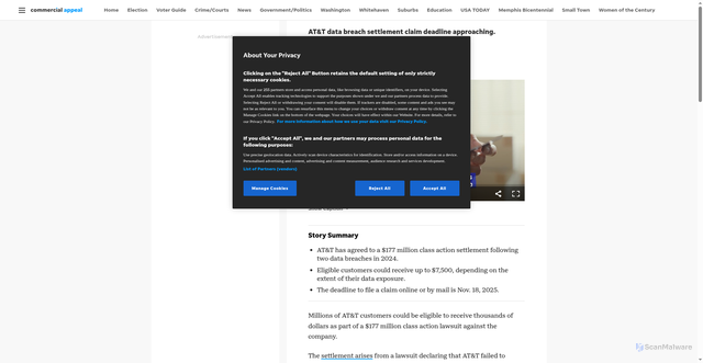 Security scan screenshot of https://www.commercialappeal.com/story/news/2025/09/24/att-data-breach-settlement-eligibility-claim-deadlines/86330591007/