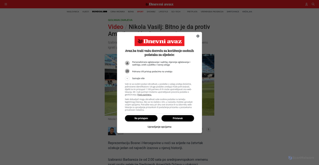 Security scan screenshot of https://www.avaz.ba/sport/nogomet/1053494/video-nikola-vasilj-bitno-je-da-protiv-amerike-svi-budemo-na-nivou