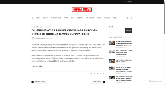 Security scan screenshot of https://infralive.com/web/oil-ends-flat-as-tanker-crossings-through-strait-of-hormuz-temper-supply-fears/