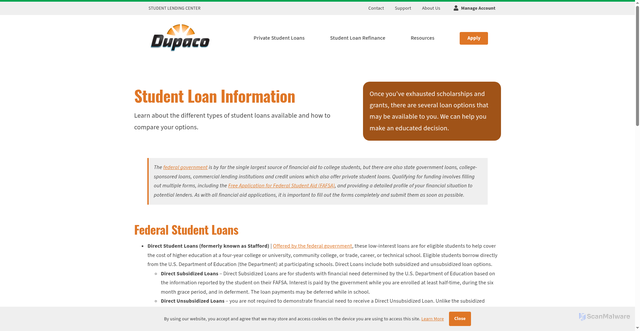 Security scan screenshot of https://dupaco.studentchoice.org/resources/guides/student-loan-information/