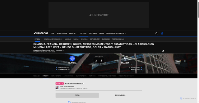 Security scan screenshot of https://espanol.eurosport.com/futbol/clasificacion-mundial-uefa/2026/live-islandia-francia_mtc1574675/live-commentary.shtml