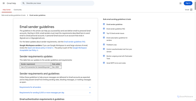 Security scan screenshot of https://support.google.com/mail/answer/81126#authentication