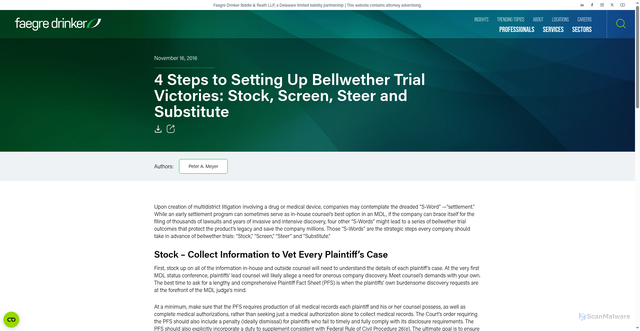 Security scan screenshot of https://www.faegredrinker.com/en/insights/publications/2016/11/4-steps-to-setting-up-bellwether-trial-victories-stock-screen-steer-and-substitute