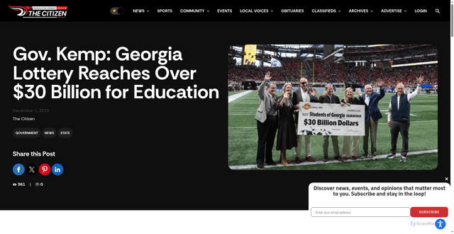 Security scan screenshot of https://thecitizen.com/2025/12/01/gov-kemp-georgia-lottery-reaches-over-30-billion-for-education/