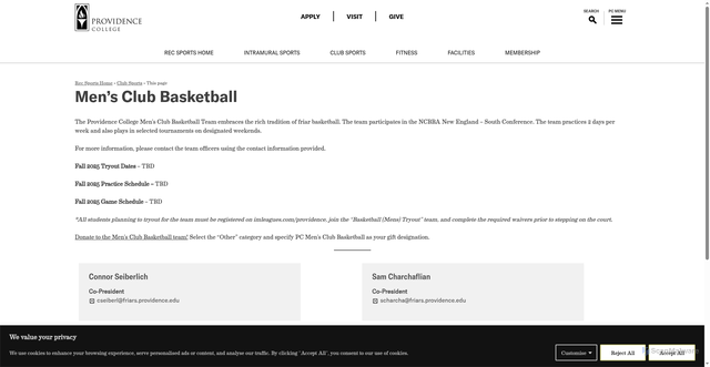 Security scan screenshot of https://recreation.providence.edu/club-sports/mens-basketball/
