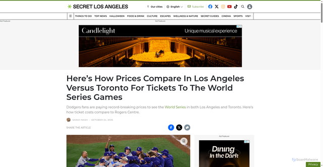 Security scan screenshot of https://secretlosangeles.com/dodgers-blue-jays-world-series-2025-ticket-price-comparison/