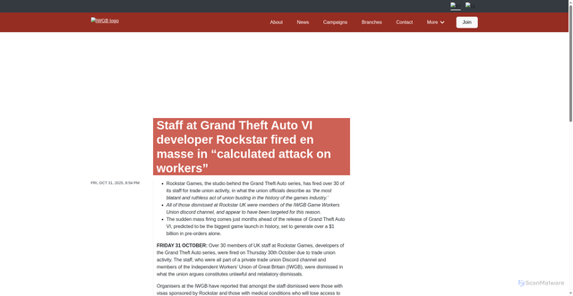 Security scan screenshot of https://iwgb.org.uk/en/post/staff-at-rockstar-fired-en-masse/