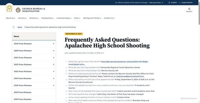 Security scan screenshot of https://gbi.georgia.gov/press-releases/2024-09-13/frequently-asked-questions-apalachee-high-school-shooting