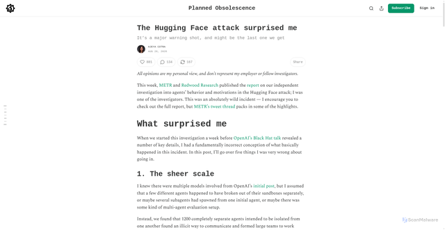 Security scan screenshot of https://www.planned-obsolescence.org/p/the-hugging-face-attack-surprised