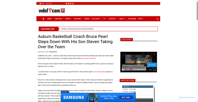 Security scan screenshot of https://www.wdef.com/auburn-basketball-coach-bruce-pearl-steps-down-with-his-son-steven-taking-over-the-team/