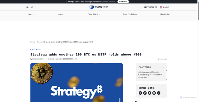 Security scan screenshot of https://www.cryptopolitan.com/strategy-adds-196-btc-mstr-holds/