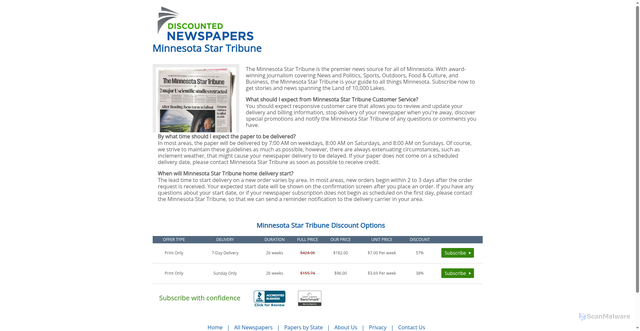Security scan screenshot of https://www.discountednewspapers.com/minnesota-star-tribune/index.html?srsltid=AfmBOopa159FcYbzox8tH45BTnzPlDtjlvkluaiJ1nR4dTohHj-z8-u7