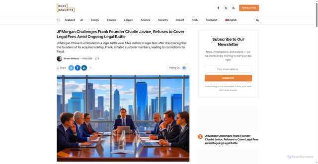Security scan screenshot of https://www.rudebaguette.com/en/2025/11/jpmorgan-challenges-frank-founder-charlie-javice-refuses-to-cover-legal-fees-amid-ongoing-legal-battle/