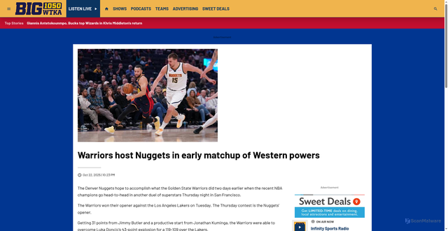 Security scan screenshot of https://www.thebig1050.com/2025/10/22/warriors-host-nuggets-in-early-matchup-of-western-powers/