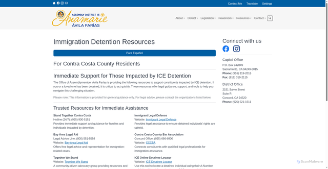 Security scan screenshot of https://avilafarias.asmdc.org/immigration-detention-resources