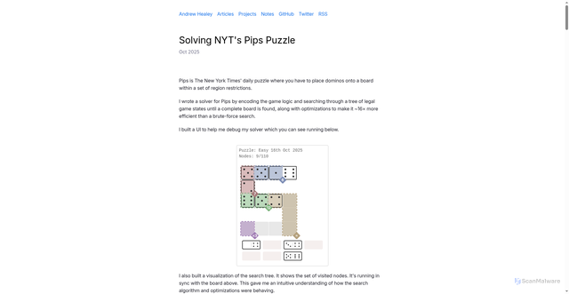 Security scan screenshot of https://healeycodes.com/solving-nyt-pips-puzzle