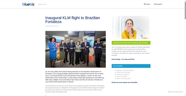 Security scan screenshot of https://www.bluebiz.com/zh/bluebook/inaugural-klm-flight-to-brazilian-fortaleza/