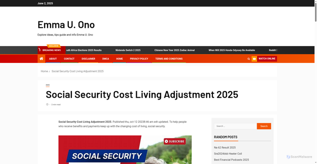 Security scan screenshot of https://emmauono.pages.dev/gtbt-social-security-cost-living-adjustment-2025-ypppr/