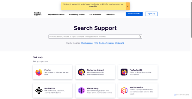 Security scan screenshot of https://www.support.mozilla.org