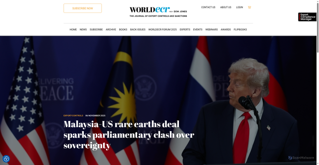 Security scan screenshot of https://www.worldecr.com/news/malaysia-us-rare-earths-deal-sparks-parliamentary-clash-over-sovereignty/