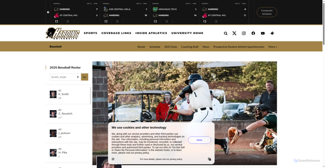 Security scan screenshot of https://hardingsports.com/sports/baseball/roster/kade-smith/18414