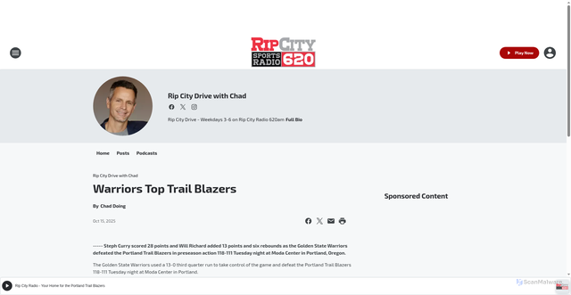 Security scan screenshot of https://ripcityradio.iheart.com/featured/rip-city-drive/content/2025-10-14-warriors-top-trail-blazers/