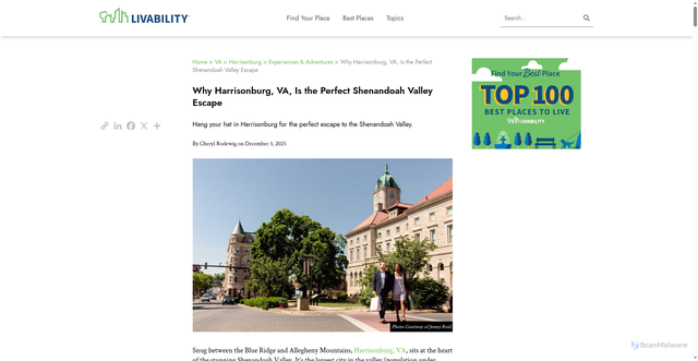 Security scan screenshot of https://livability.com/va/harrisonburg/experiences-adventures/why-harrisonburg-va-is-the-perfect-shenandoah-valley-escape/