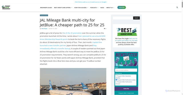 Security scan screenshot of https://frequentmiler.com/jal-mileage-bank-multi-city-jetblue-award-tickets/