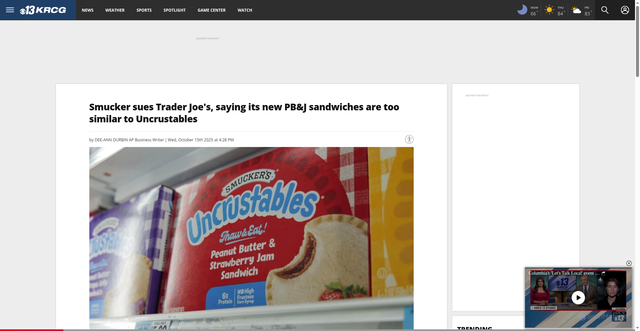 Security scan screenshot of https://krcgtv.com/news/offbeat/smucker-sues-trader-joes-saying-its-new-pbj-sandwiches-are-too-similar-to-uncrustables