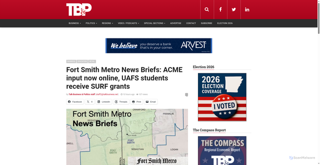 Security scan screenshot of https://talkbusiness.net/2025/12/fort-smith-metro-news-briefs-acme-input-now-online-uafs-students-receive-surf-grants/