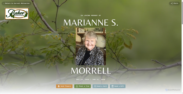 Security scan screenshot of https://www.bakerfuneralhome.com/obituaries/marianne-morrell