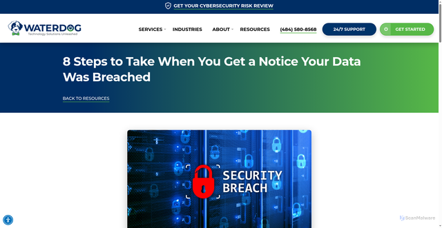 Security scan screenshot of https://waterdogtechsolutions.com/steps-to-take-when-you-get-a-notice-your-data-was-breached/