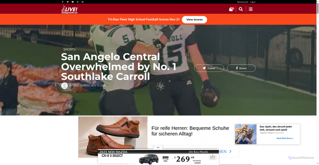 Security scan screenshot of https://sanangelolive.com/news/sports/2025-11-21/live-updates-san-angelo-central-football-vs-southlake-carroll