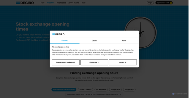 Security scan screenshot of https://www.degiro.com/uk/products-and-markets/exchange-opening-times