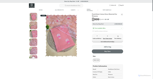 Security scan screenshot of https://handloomclothstore.com/Peach-Kota-Cotton-Dress-Material-For-Womens/catalogue/GwFb1vES/kOuHXDn3