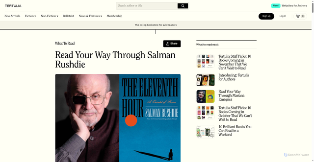 Security scan screenshot of https://tertulia.com/article/read-your-way-through-salman-rushdie?srsltid=AfmBOooDdwjgHMpo0xLHlRFAvASeKM74X9fhHLPTFmhv6lAkMIps7Daj