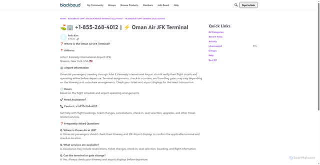 Security scan screenshot of https://community.blackbaud.com/discussion/86929/1-855-268-4012-oman-air-jfk-terminal