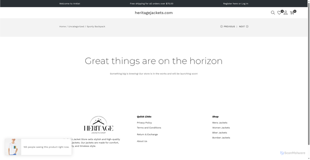 Security scan screenshot of https://heritagejackets.com/product/sporty-backpack/