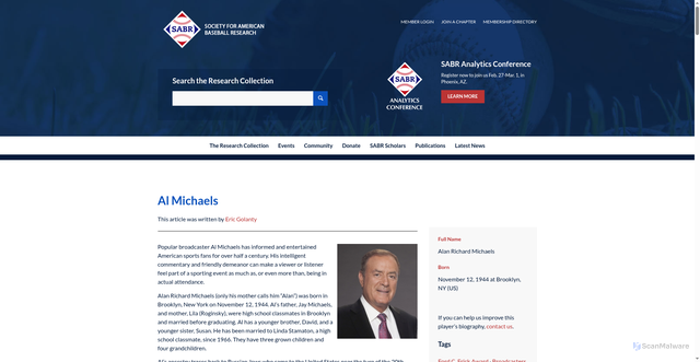 Security scan screenshot of https://sabr.org/bioproj/person/al-michaels/