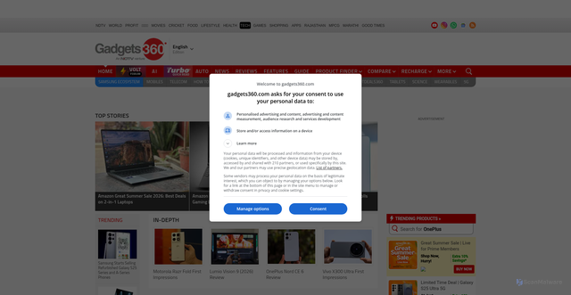 Security scan screenshot of https://www.gadgets360.com