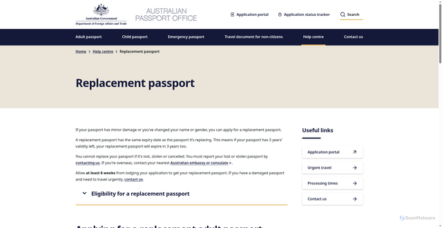 Security scan screenshot of https://www.passports.gov.au/help/replacement-passport
