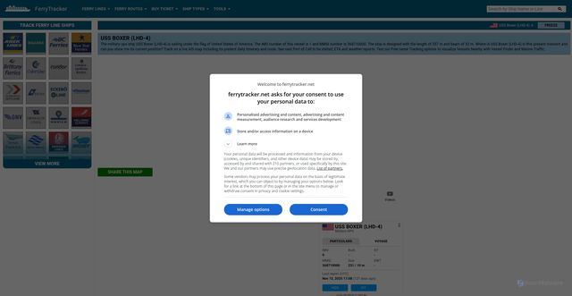 Security scan screenshot of https://www.ferrytracker.net/current-position/USS%20Boxer%20(LHD-4)/1/368710000