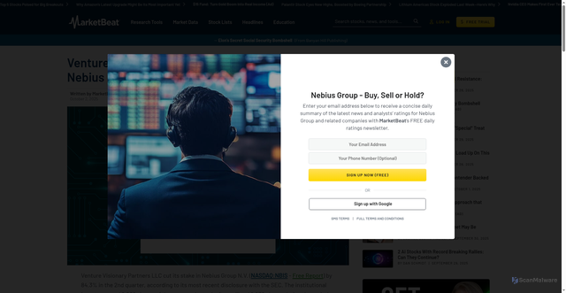 Security scan screenshot of https://www.marketbeat.com/instant-alerts/filing-venture-visionary-partners-llc-cuts-position-in-nebius-group-nv-nbis-2025-10-02/