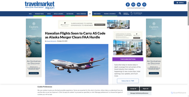 Security scan screenshot of https://www.travelmarketreport.com/air/articles/hawaiian-flights-soon-to-carry-as-code-as-alaska-merger-clears-faa-hurdle