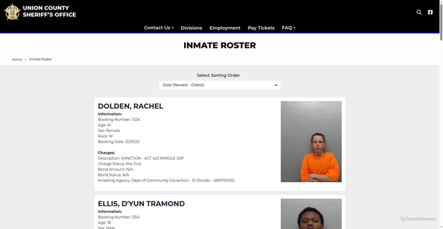 Security scan screenshot of https://www.unioncountysheriff.net/inmateRoster