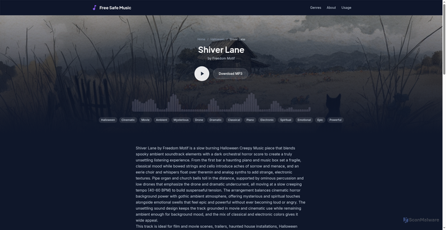 Security scan screenshot of https://freesafemusic.pages.dev/tracks/shiver-lane/