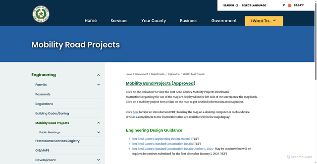 Security scan screenshot of https://www.fortbendcountytx.gov/government/departments/county-services/engineering/mobility-road-projects/